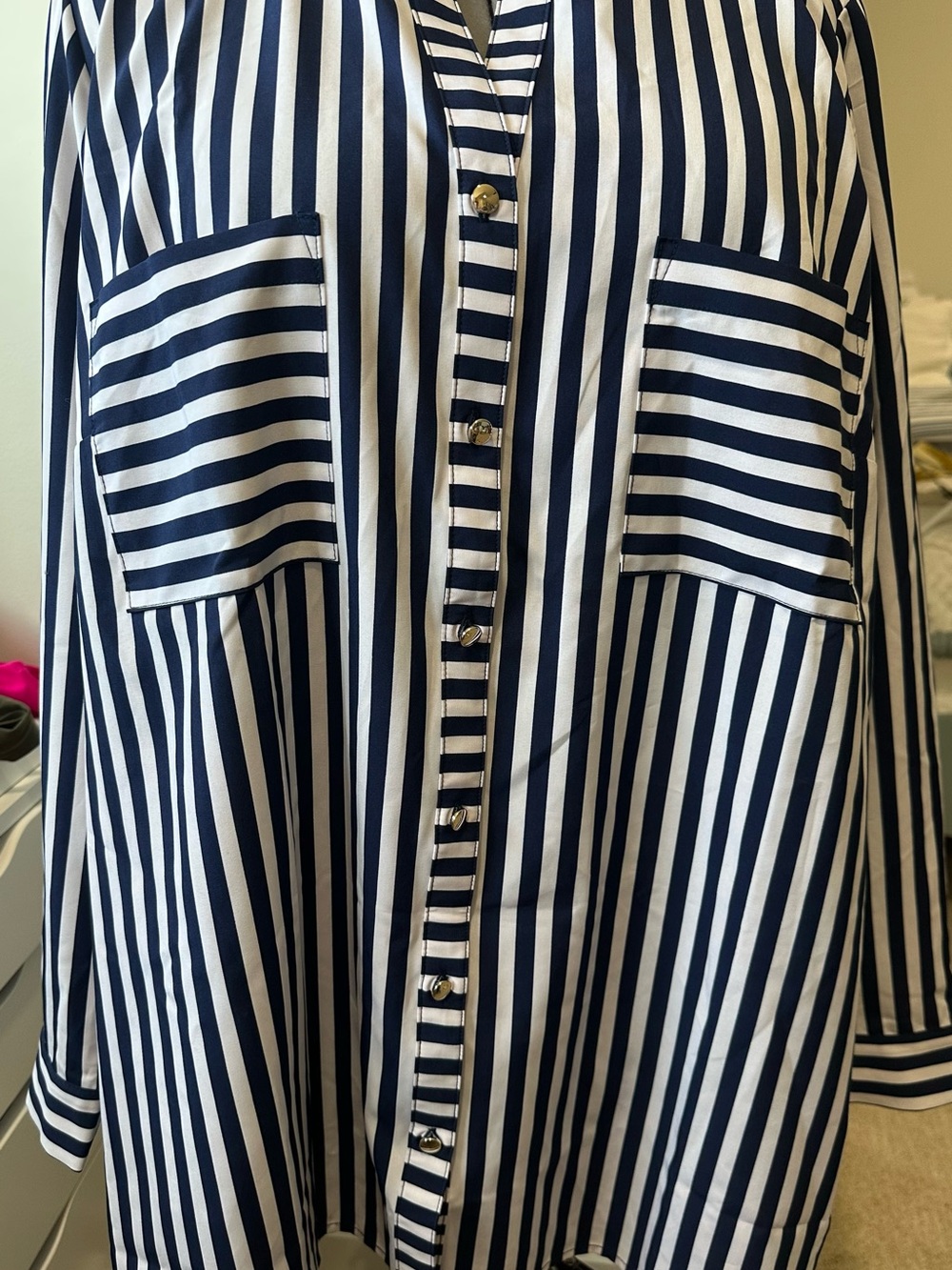 dennis basso Navy & White Vertical Stripe Button-Up Blouse